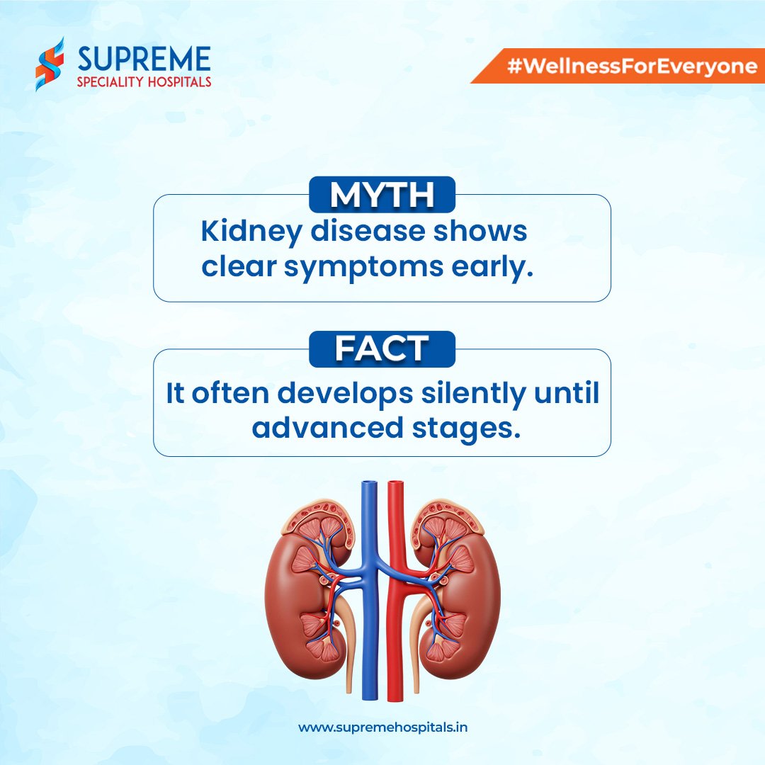 Kidney disease doesn’t always come with alarms or obvious warning signs. Most people don’t feel anything until it’s already progressed; that’s why it’s called a silent condition. Regular health check-ups, staying hydrated, and keeping blood pressure and sugar under control can make all the difference. Don’t wait for symptoms to tell you something’s wrong. Take charge early and protect your kidneys for life.📞 Call us: 044 6745 3535
🌐 Visit: www.supremehospitals.in#KidneyHealth #MythVsFact #SilentDisease #EarlyDetectionMatters #NephrologyCare #SupremeHospitals